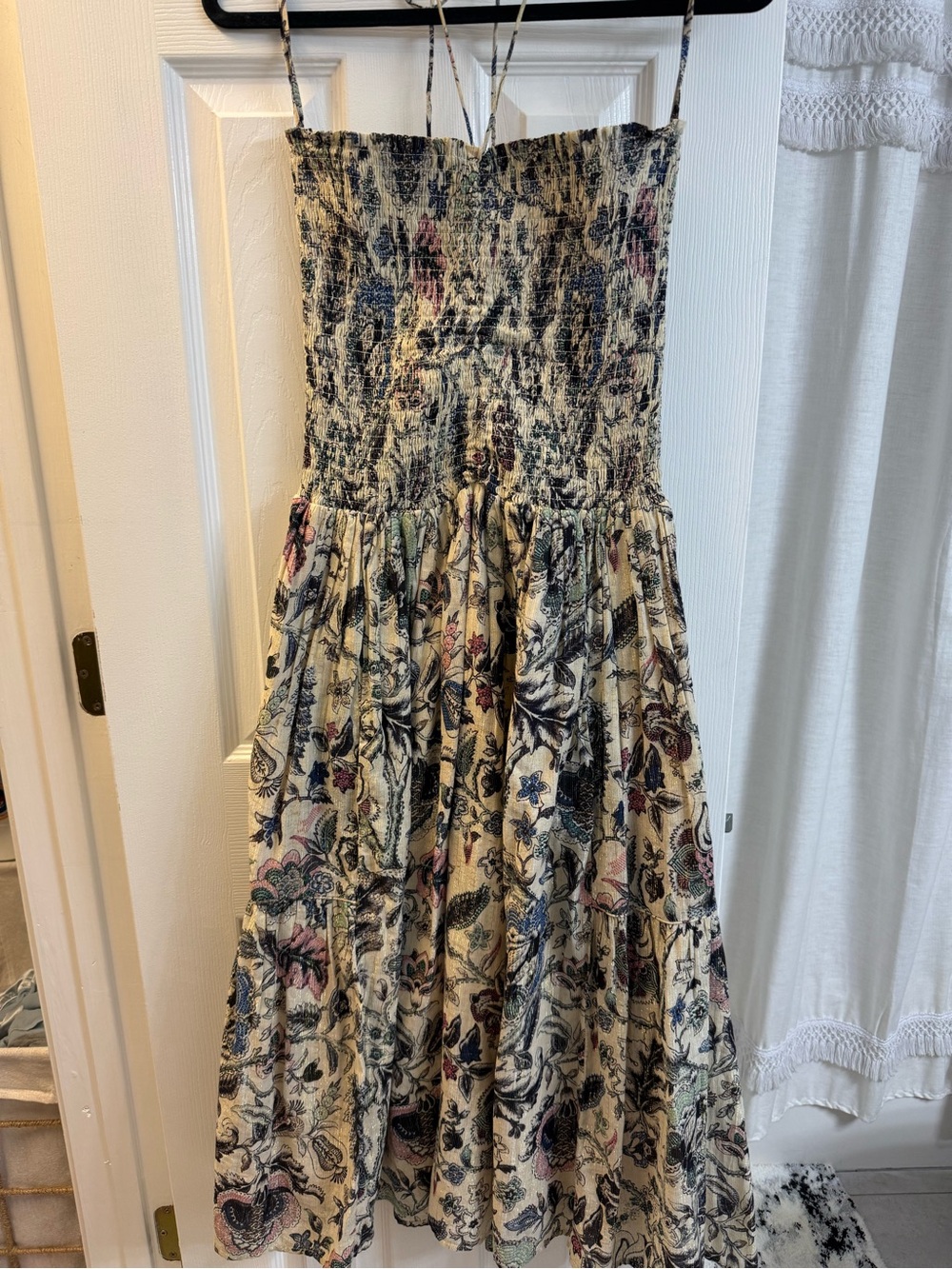 Smocked Floral Midi Dress in Cream with Blue & Pink Accents